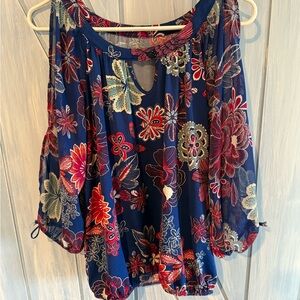 Blue and Red Floral Pattern Women's Blouse Cold Shoulder